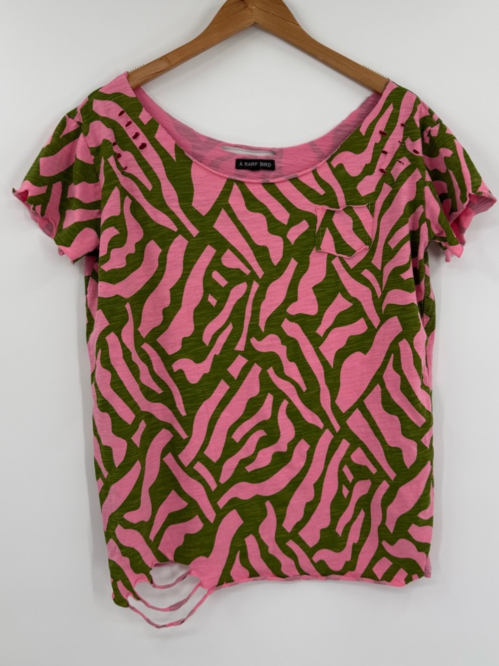A Rare Bird Zebra Print Distressed Tee | Pink & Olive | S/M